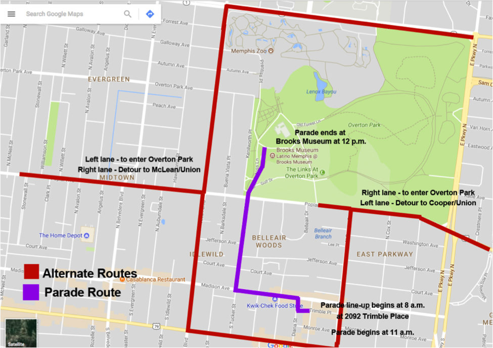 The 2020 Reverse Dia de los Muertos parade through Overton Park (purple) and alternate traffic routes (red). (Memphis Brooks Museum of Art)