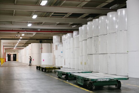 At the KTG factory in the Bickford area of North Memphis, massive parent rolls are stored until needed for manufacturing.They will soon become individual rolls of toilet paper. 2018. (Brandon Dahlberg)
