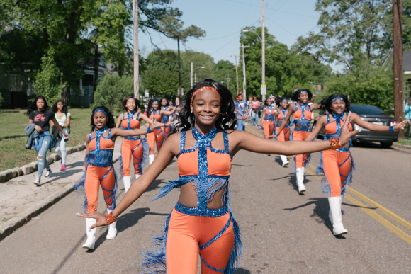 The Bellevue Middle School majorettes perform on March 29 during a foster care awareness parade, 2018. (Brandon Dahlberg)