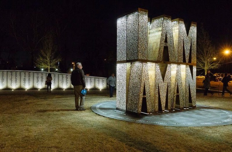 A nighttime view of the I Am A Man plaza outside of Clayborn Temple, near Downtown Memphis.