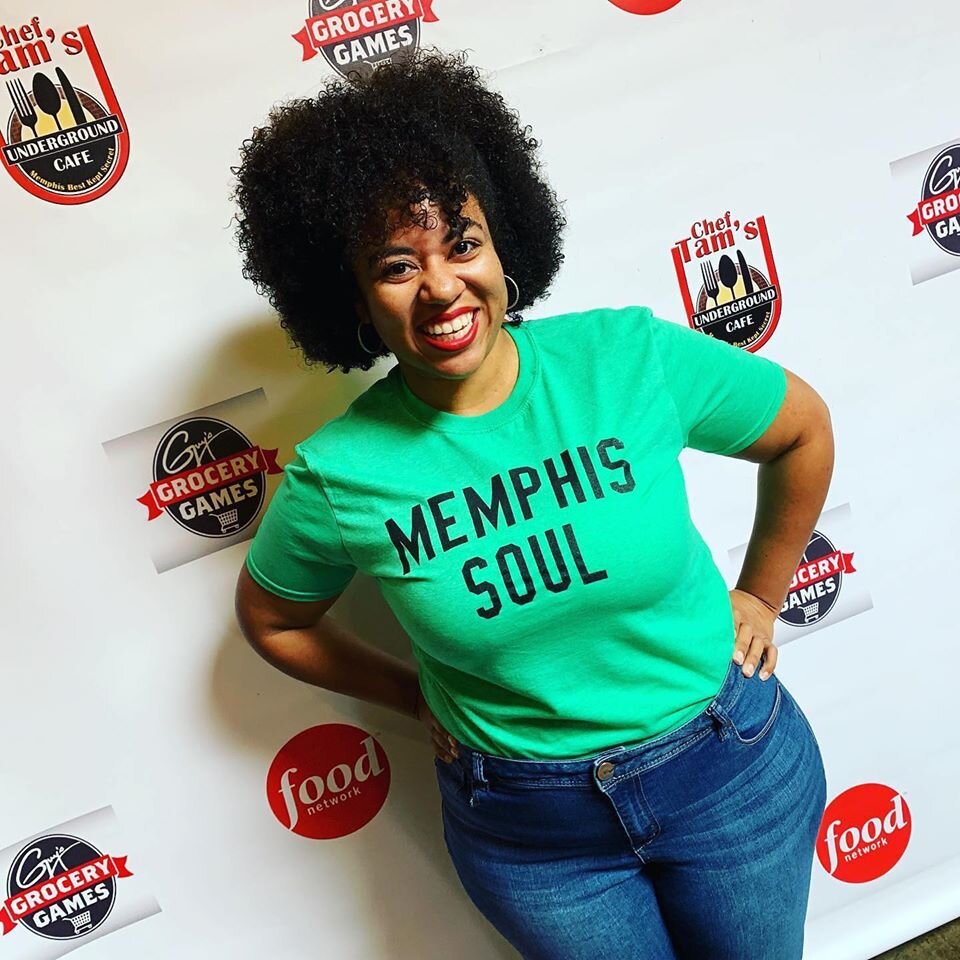 Memphis Medical District Collaborative's program manager, Vonesha Mitchell, wore a "Memphis Soul" shirt to the grand opening of Chef Tam's Underground Cafe in the Medical District. The shirts are available at Kickspins. (Submitted) 