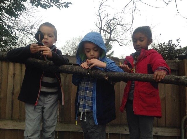The original Sycamore School kindergarten class, who are now 3rd graders, engage in an outdoor science lesson using compasses to observe wind patterns (Sarah Gong).