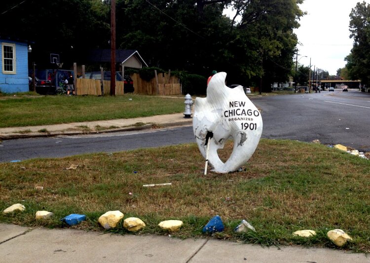 A marker sits at the central intersection on New Chicago. (High Ground News) 