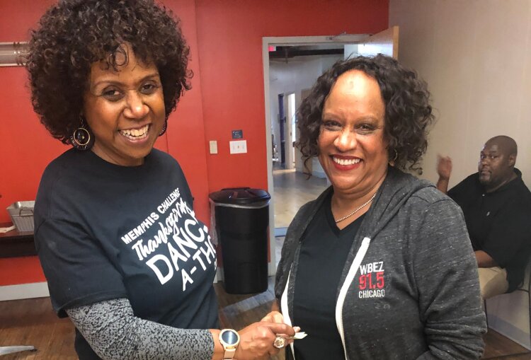 Cassandra Webster (L), Memphis Challenge' executive director, and Deborah Bluminberg, retired Chicago educator. Bluminberg was visiting family in Memphis for the Thanksgiving holiday and attended the dance-a-thon. (Memphis Challenge)