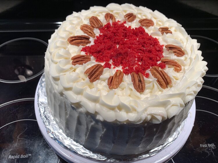 Red velvet cake with cream cheese icing, red velvet crumbs and pecans by Chef Lee Phillips of A Peace O' Cake. (Cat Evans)