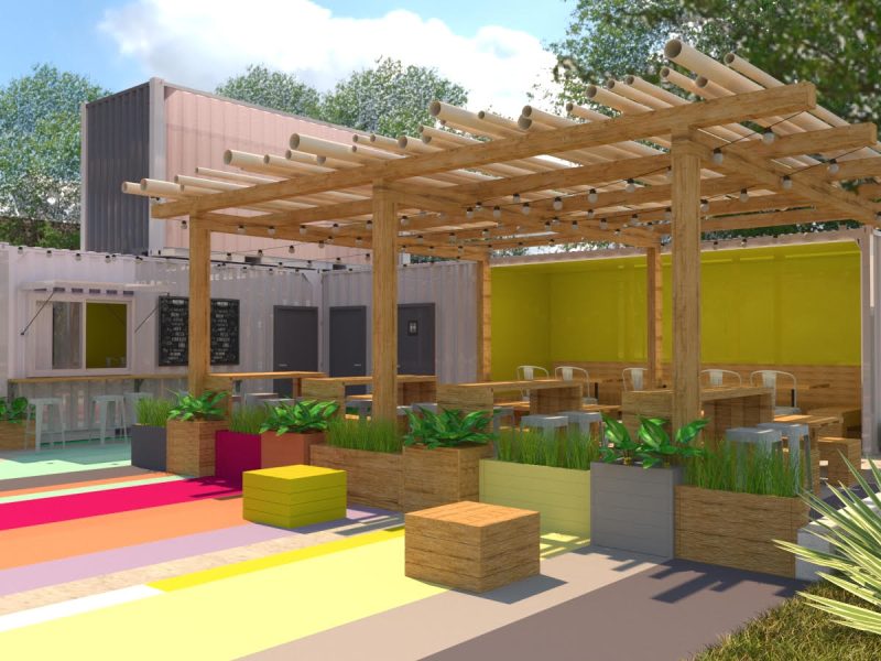 Renderings for the new Soulsville container restaurant show a bold and colorful design with indoor and outdoor seating. (Submitted)