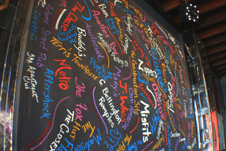 A mural at Dru's Bar pays homage to Memphis' long history of LGBT bars. It was created for the 2013 Mid-South Pride celebration and features nearly 110 bars, all but two of which are now closed. (Cole Bradley) 