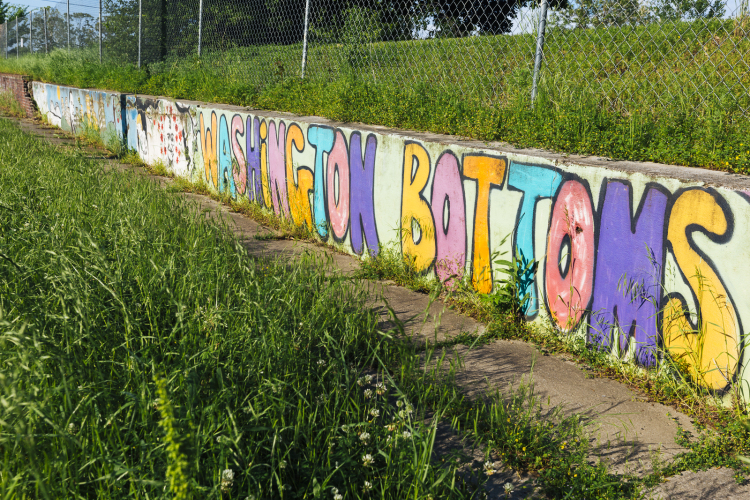 A mural by an unknown artist or artists marks the location of the former Washington Bottoms Community Park and Gardens in Madison Heights. (Ziggy Mack)  
