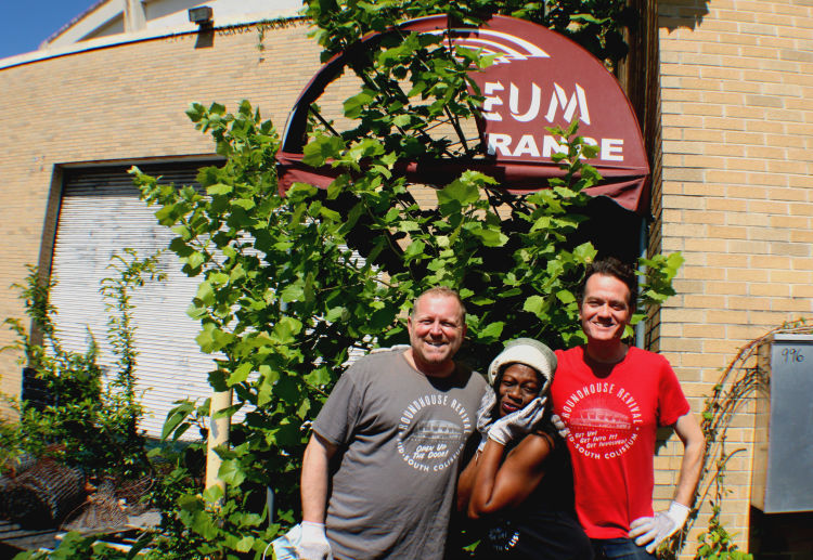 Left to Right: Coliseum Coalition Vice President Chooch Pickard, board member Carolyn Chatman and founder Marvin Stockwell pose outside of the Coliseum's old performers entrance. (Shelda Edwards) 