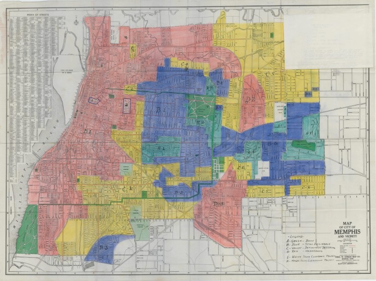 A redlining map of Memphis drawn in the 1930s by the Home Owners' Loan Corporation. (National Archives and Records Administration) 