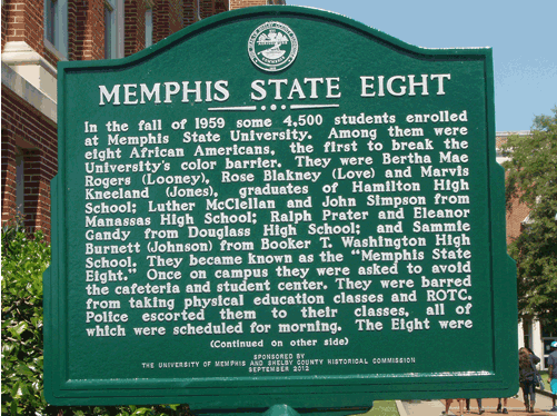 A marker commemorating the Memphis State Eight was erected on campus in 2012. (University of Memphis)