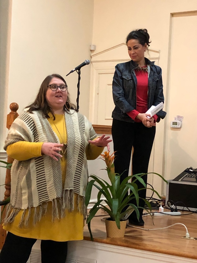 Show organizers lead a community conversation after the show. From left to right: Leslie Barker, director of education and community engagement at Theatre Memphis and Yancy Villa-Calvo, a artist who works with urban planners and residents to inform the Memphis 3.0 plan. (Scarlet Ponder)