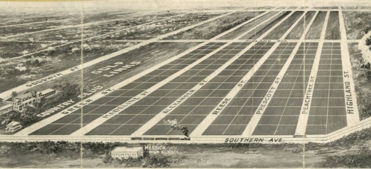 A view of the Buntyn neighborhood circa. the turn of the century. In the lower half of the picture, you can make out a train and a streetcar working their ways along Southern Avenue. (Memphis Public Libraries) 