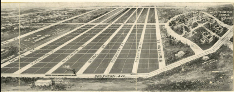 A map drawn circa 1915 shows the newly constructed West Tennessee Normal School, the rural areas around it and Messick High School in the bottom right corner. (Special Collections, University of Memphis Libraries) 