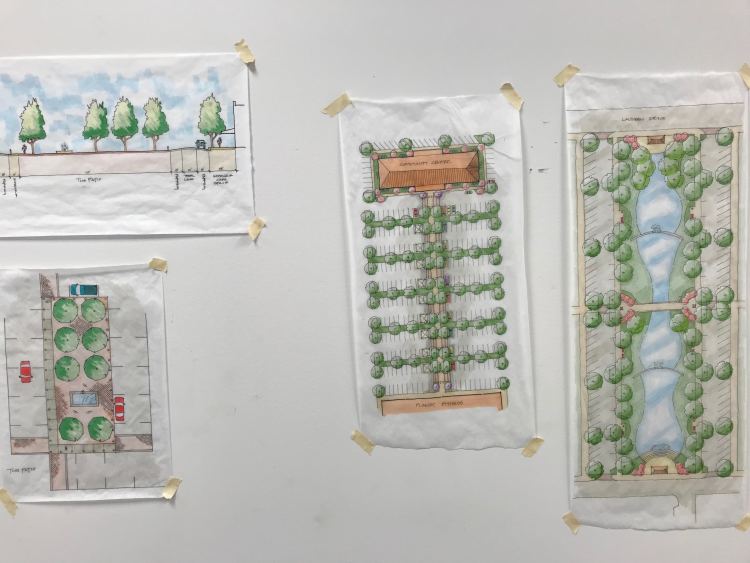 Colorful renderings show the potential for what is currently excess parking and an undeveloped portion of the Whitehaven Plaza. Residents wanted greenery and water features as part of the redesigned space. (Cole Bradley)