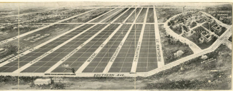A circa 1915 rendering of the area now known as the University District shows the location of the West Tennessee Normal School, Messick High School, Memphis Country Club and Normal Station train stop. (Special Collections, University of Memphis Libraries)