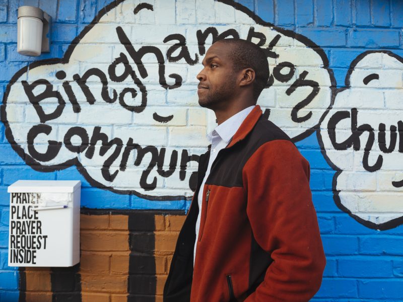 Pastor Shun Abram in front of Binghampton Community Church, located in east Binghampton. (Ziggy Mack)