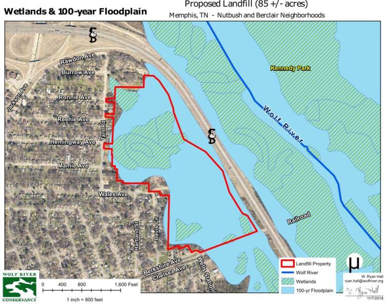 A map of the proposed landfill site shows the Wolf River floodplain, wetlands, and the adjacent neighborhood. (Wolf River Conservancy)
