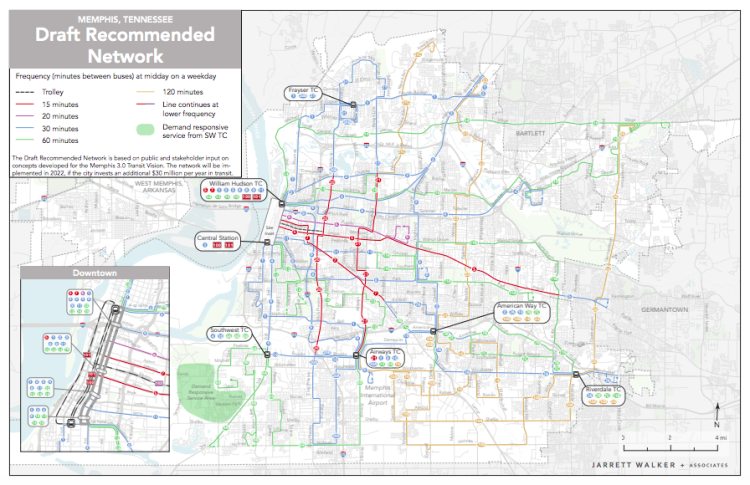 The draft recommended MATA network prepared by Jarett Walker + Associates for Innovate Memphis.