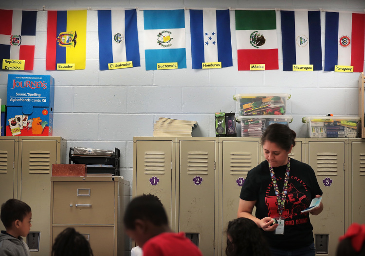 Flags from Spanish speaking countries hang in Yvonne Thomas' dual language kindergarten class on September 21, 2018. Treadwell's dual language program immerses kids in both Spanish and English for full fluency by fifth grade. It's the only program of its kind in Tennessee (Jim Weber/Daily Memphian)
