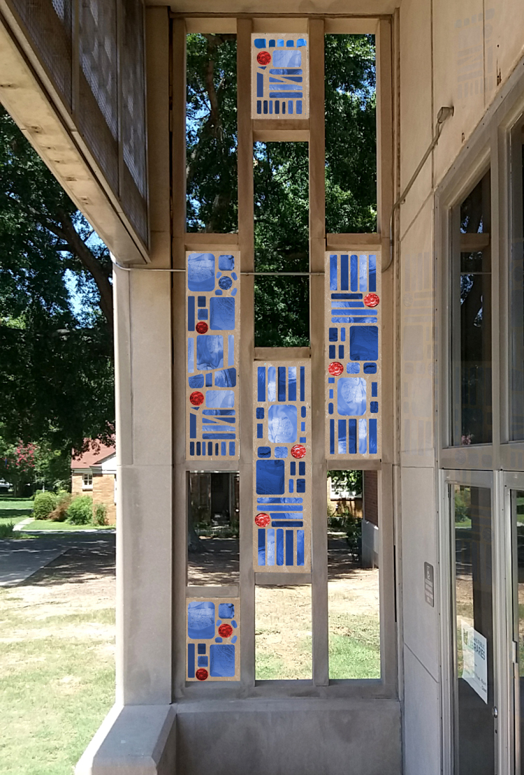 Artist Suzy Hendricks' stained glass design includes stylized books, influences from African kente cloth, and bold colors common in Latin American art to represent The Heights' cultural diversity. (Memphis Library Foundation)