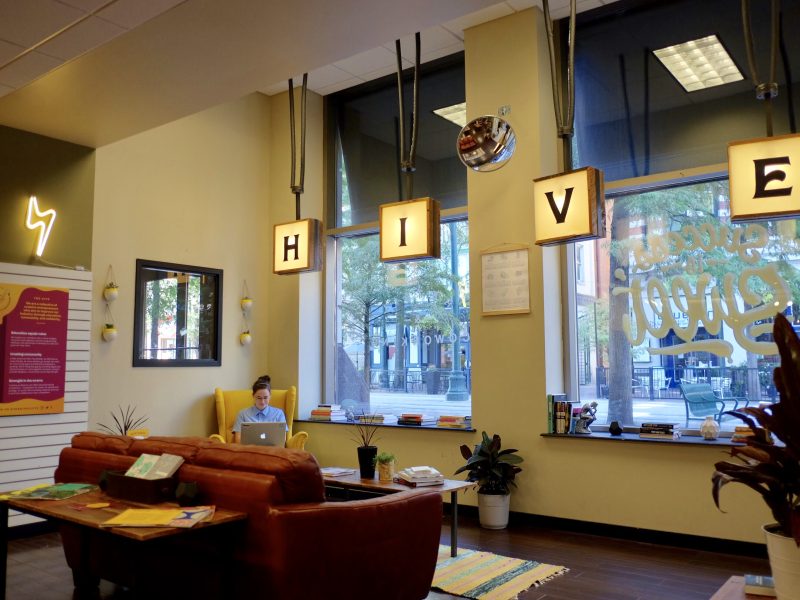 Katie Cooper, a founding member of The Hive Collective, works in the group's new Downtown space, which provides a coworking outlet for digital creatives. (Noah Glenn)