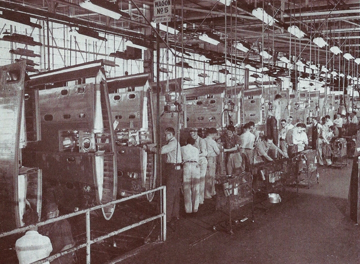 The only known photo of the Fisher Airplane Plant, circa 1945, shows workers assembling wings for B-25 bombers.