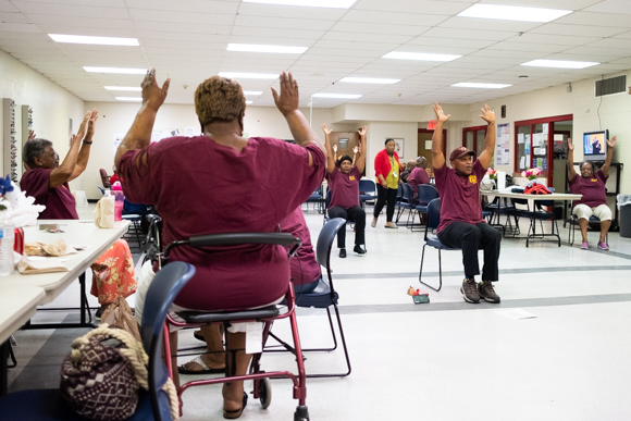 Seniors do a variety of excercises to music Monday morning inside the Bickford Community Center. (Brandon Dahlberg)
