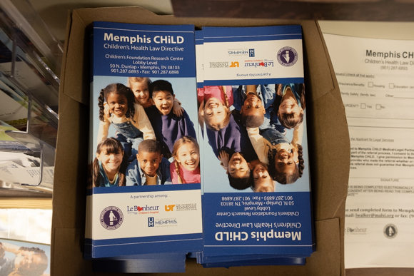 Pamphlets in the Memphis CHiLD office explain the fusion of medical and legal services the staff is able to provide. (Brandon Dahlberg)