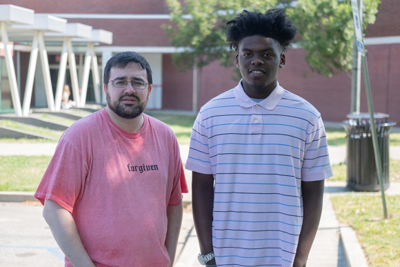 Dan Reisman and DeVonte Barnes outside of the Greenlaw Community Center, where Grace Church Memphis meets every Sunday. (Brandon Dahlberg)