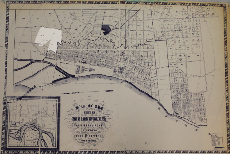 A map of Memphis in the 1840s shows the estimated area of the Greenlaw Addition highlighted in white. The Naval Depot can be seen abutting the Mississippi River from present-day A.W. Willis to Market Street. (Memphis and Shelby County Room, Memphis Public Library)