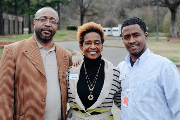 Johnnie Owens, Ruth Phillips Corey Mills (L to R) outside the Dr. Benjamin L. Hooks Job Corps center in Whitehaven. The BancorpSouth employees taught a group of 22 Job Corps students about home ownership. (Brandon Dahlberg)