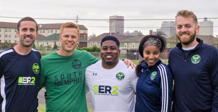 Members of South Memphis Soccer Club during a recent game at Tom Lee Park in Downtown Memphis. The growing club was established in 2016 as a way to bring together old and new neighbors in a family friendly atmosphere.