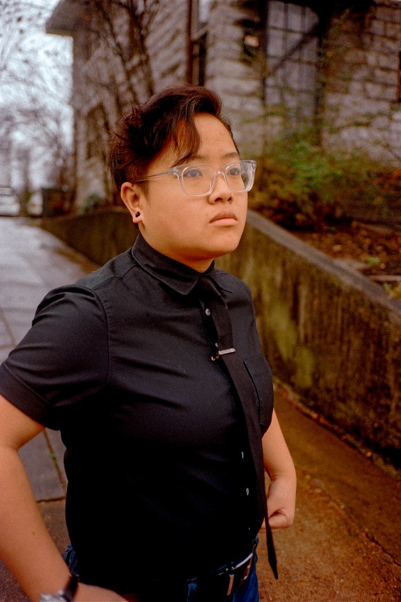 Michelle Ngo wears a short-sleeved shirt from the Button Brigade. (Nate Packard)