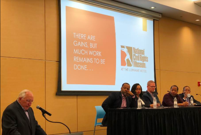 Moderator Tom Jones and panelists (L to R) Stacy Spencer, Wendi Thomas, Josh Spickler, Brad Watkins and Dr. Kenneth Robinson. (Dylan Sandifer)
