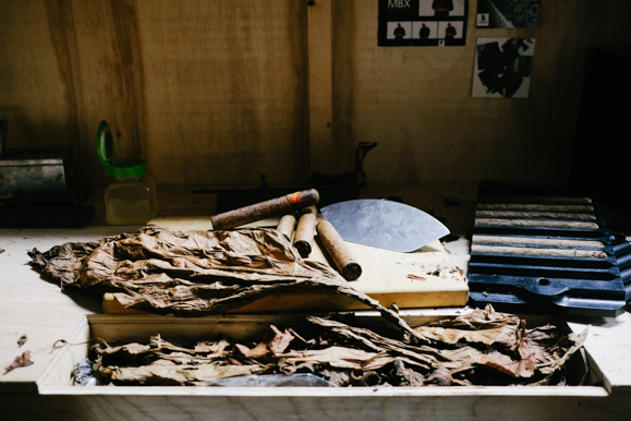 The cigar rolling stations at BeLeaf Cigars, located on Elvis Presley Boulevard. (Brandon Dahlberg)