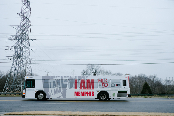 A MATA bus, advertising MLK 50, waits to turn into the American Way Transit Center on January 9, 2018. (Brandon Dahlberg)