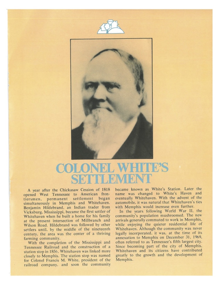 A 1979 community newsletter illustrates that Francis White built the first railroad in Whitehaven. After its completion, people called the small town White's Station and then later White's Haven.