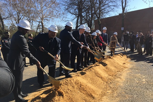A group of the original marchers in the 1968 sanitation workers strike break ground for the I AM A MAN Plaza beside Clayborn Temple. The plaza will honor their legacy in the civil rights movement. (Erica Horton)