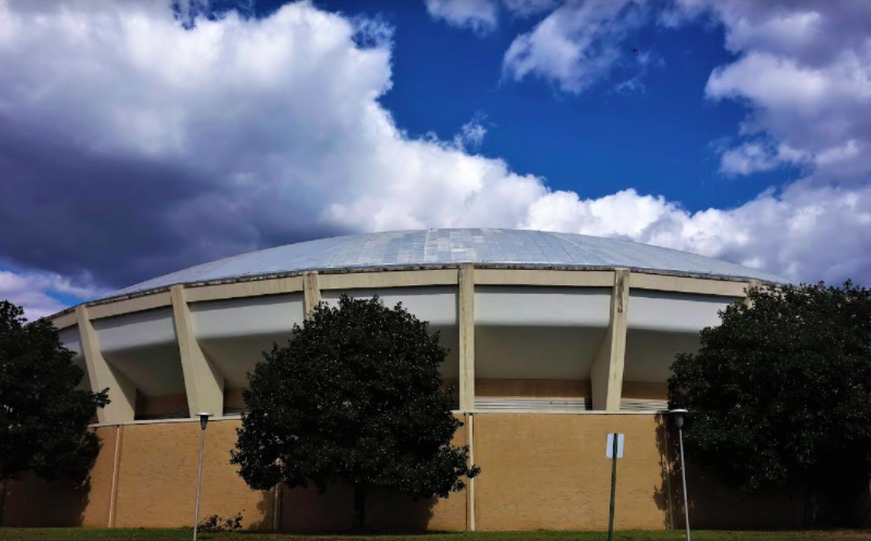 The Mid-South Coliseum seen from the Fairground's south side. Under the City-backed Fairgrounds redevelopment project, the vacant Coliseum could become an amateur sports venue, providing space for championship games and opening and closing tournament