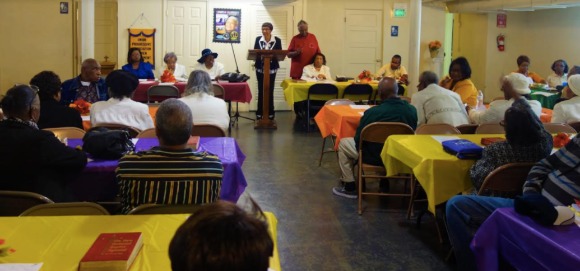 Community members gather for a meeting of the Union Progressive Association at Mt. Moriah Baptist Church on Carnes Avenue, located about half a mile from the Fairgrounds. Some neighborhood residents have voiced concern about their inclusion in the planning process for the City-backed Fairgrounds redevelopment project.  