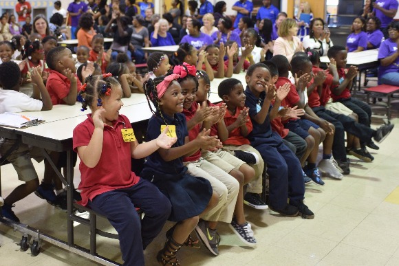 Over 400 students at LaRose Elementary school attended a short presentation before receiving backpacks filled with school supplies and materials for their parents.