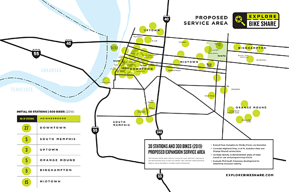 An early version of Explore Bike Share's proposed service area includes high-density areas of Downtown and Midtown as well as the neighborhoods of South Memphis, Orange Mound and Binghampton.