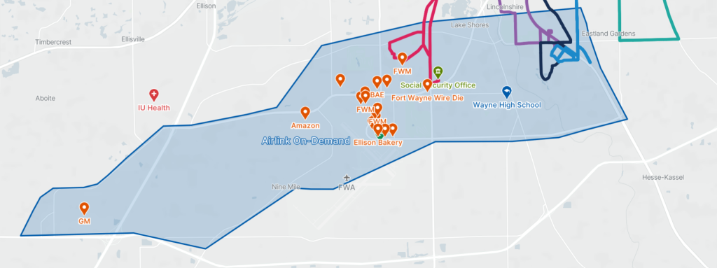 A map outlines a portion of southwest Fort Wayne, with points indicating businesses or organizations that would benefit from a new transportation option.